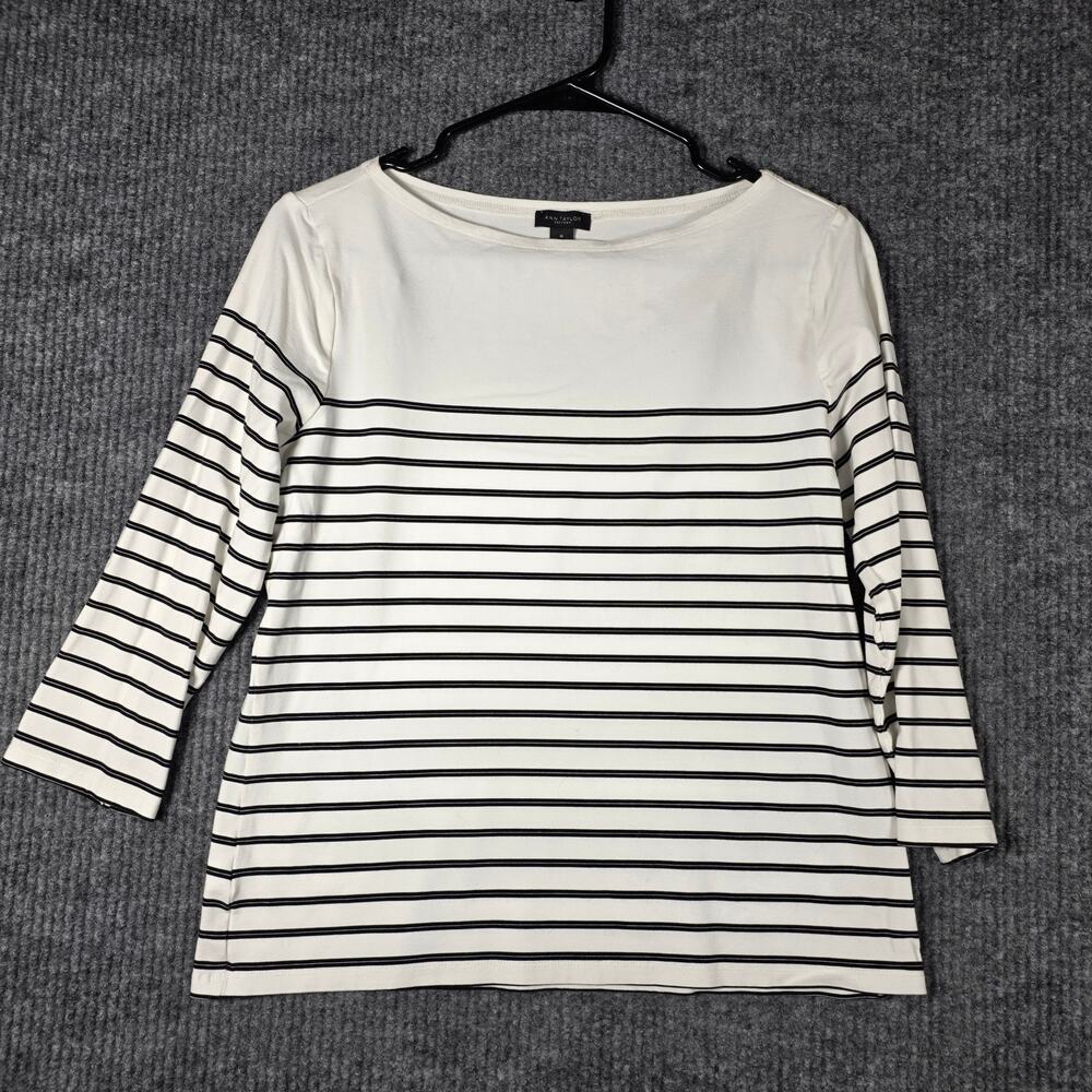 Ann Taylor Striped Boat Neck 3/4 Sleeve Knit Top Women’s Medium Black White